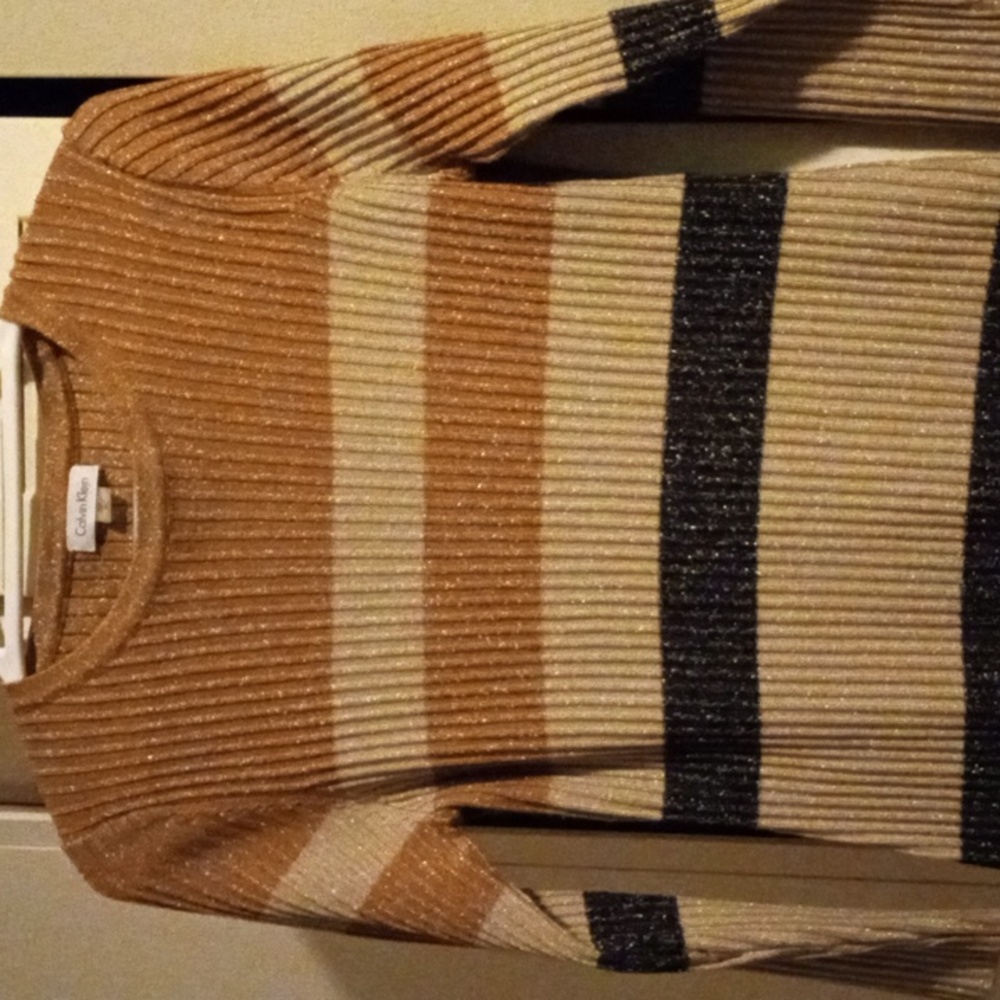 CALVIN KLEIN SHIMMER COLOR BLOCK RIBBED KNIT SWEATER DRESS MED NWOT GOLD BLACK